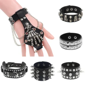2025 Vintage Pu Leather Bracelets Skull Chains Cuspidal Spikes Rivet Stud Wide Cuff PU Leather Punk Gothic Rock Unisex Bracelet