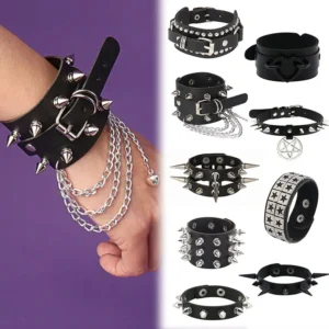 1Pc Cosplay Men Hip Hop Rock PU Leather Wrap Pulseras Vintage Women Punk Spikes Rivets Heart Party Bracelet Jewelry Accessories