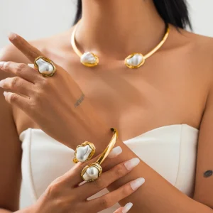 PuRui Elegant Baroque Imitation Pearl Choker Necklace Bangles Ring Jewelry Set Women Chunky Circle Open Torques Collar Bracelet