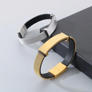 Kalen Stainless Steel Mesh Bracelet for Men Hip Hop Zirconia Leather Bracelet Golden Trend Jewelry Personalized Accessories Gift