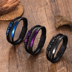 10 Pieces Stainless Steel Bent Label Custom Engraved PU Leather Braided Multi Layer Bracelet That Unisex Fashion Jewelry