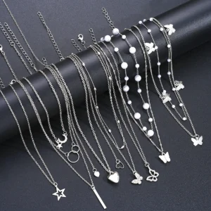 11pcs Simple Heart Butterfly Moon Pendant Necklaces For Women Elegant Silver Color Star Crystal Imitation Pearl Jewelry Set 2025