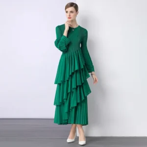 Chiffon Gauze Long Sleeve Empire Waist Dress Draped Skirt Heavy Embellishment Lotus Leaf Edge Light Maturity Style Dress